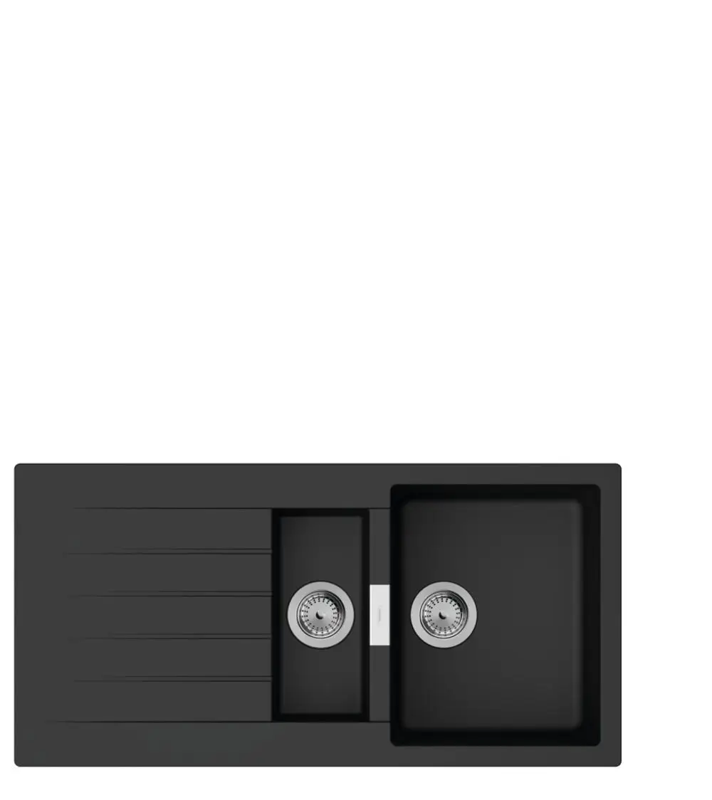 Einbauspüle in Graphitschwarz von Hansgrohe mit zwei Becken und Abtropffläche, ausgestattet mit rundem Abfluss und einer glatten, gerippten Oberfläche.